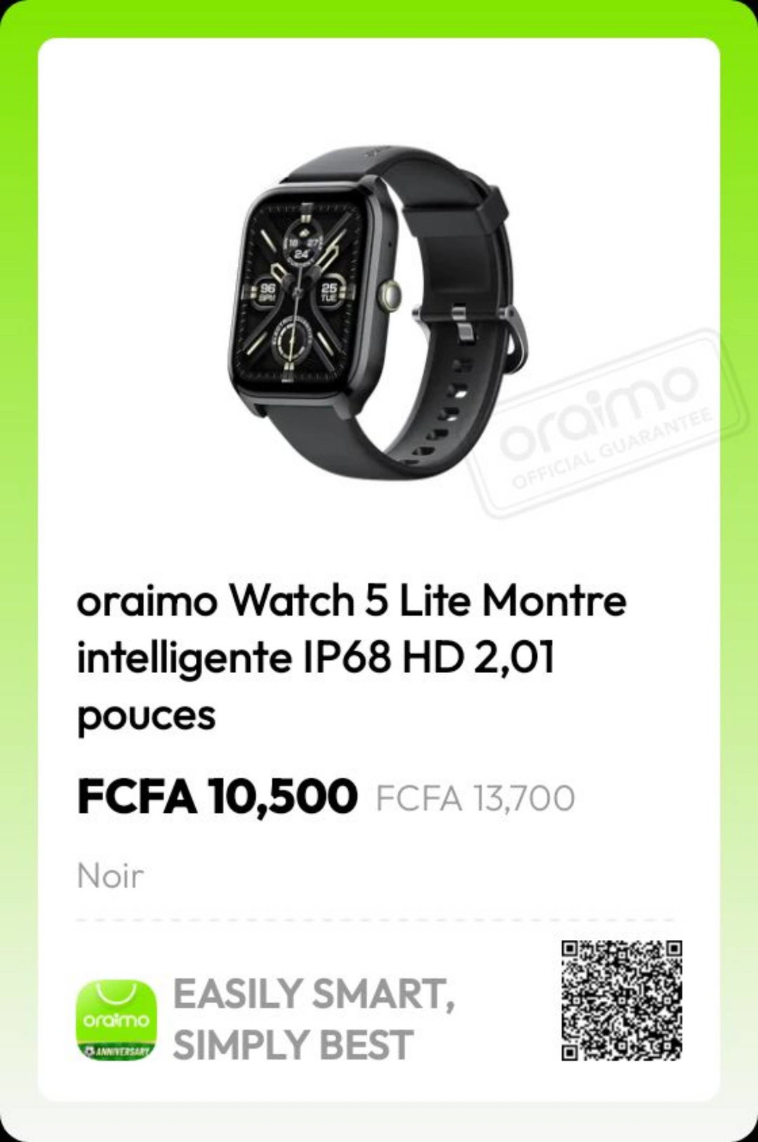 Oraimo watch 5 Lité montrer intelligente lP68 HD 2.01 pouse