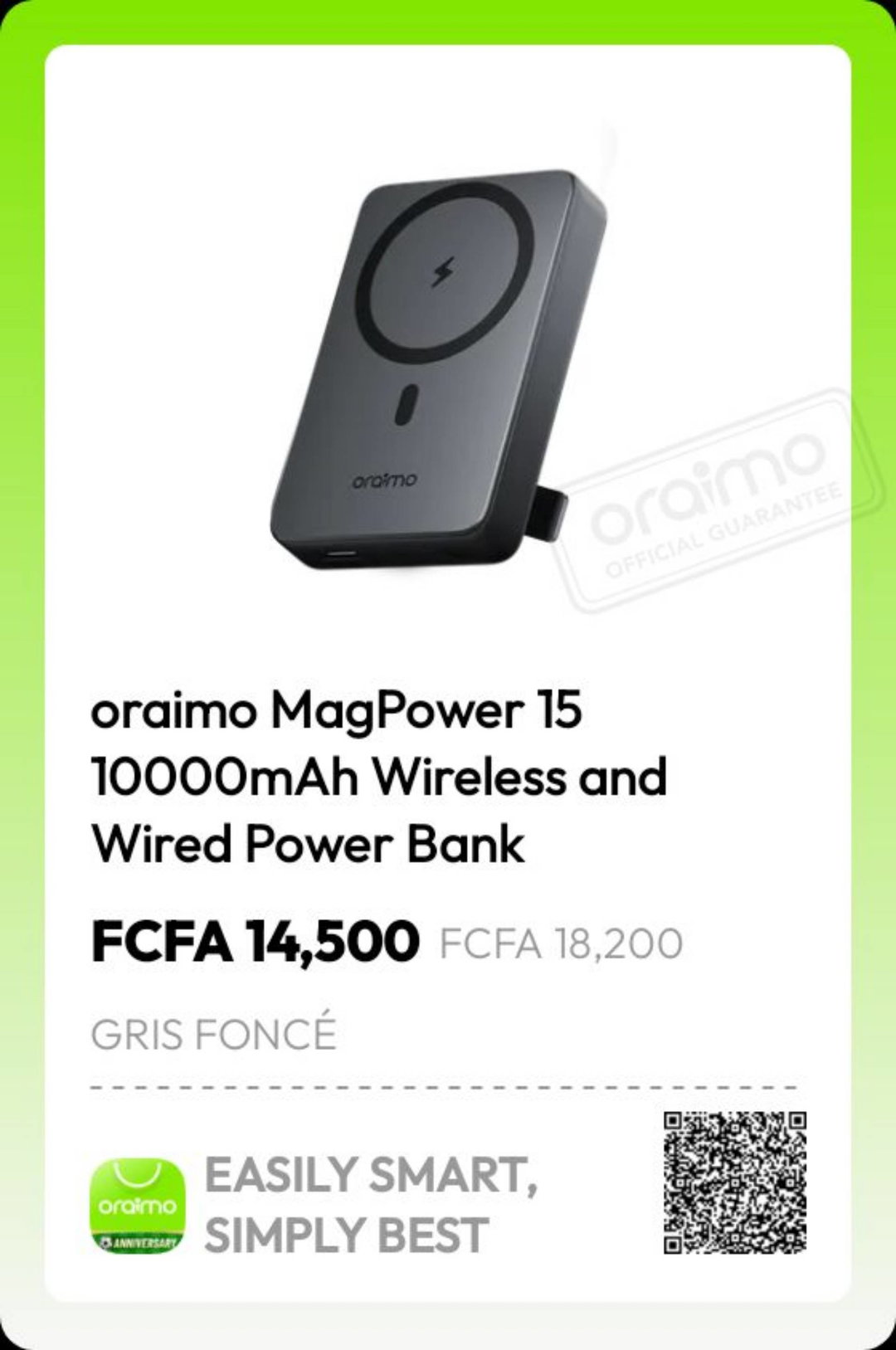 Oraimo Magpower 15 10000mAh Wireless and wired power Bank