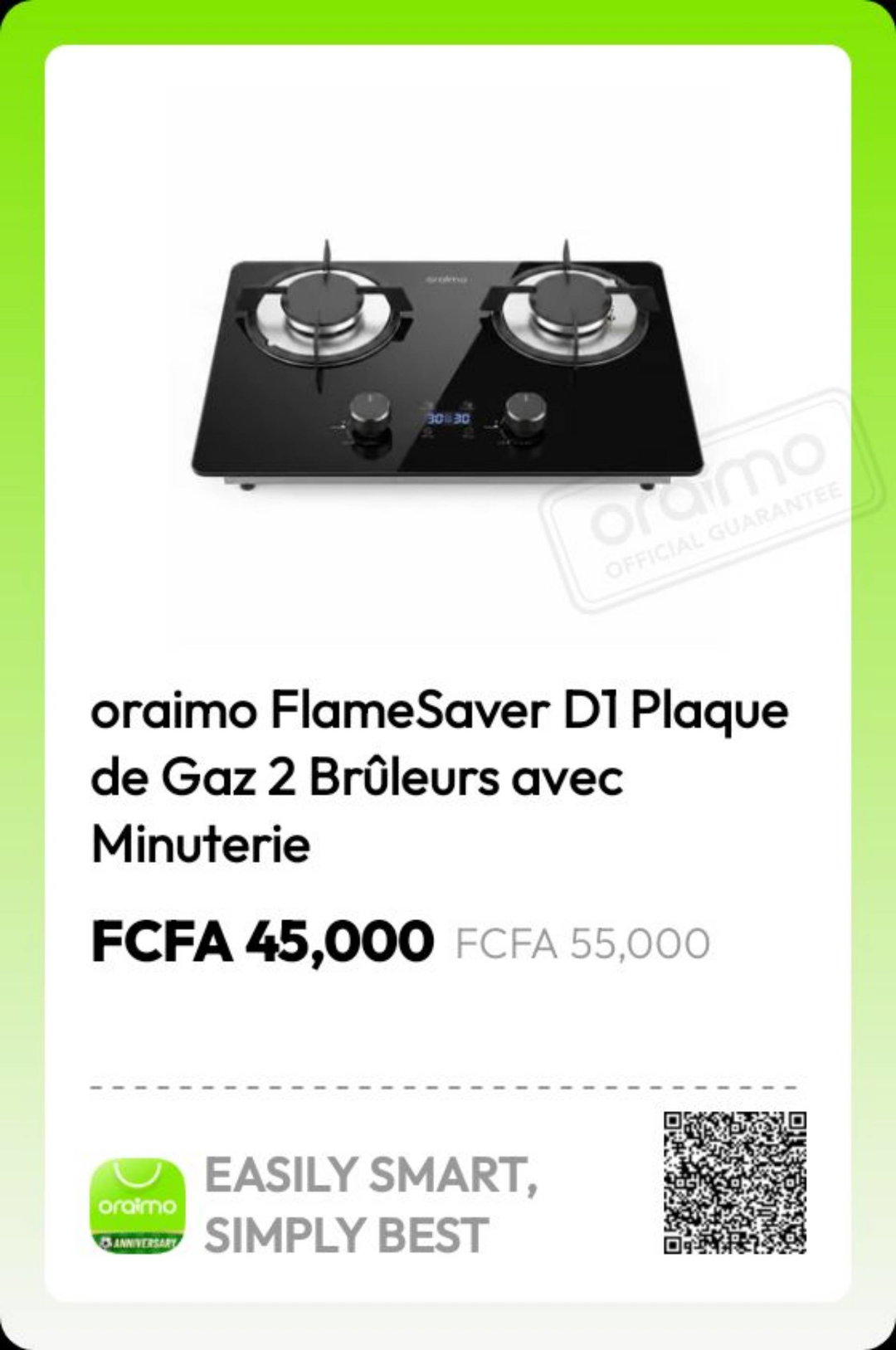 Oraimo FlamaSaver D1 Plaque de Gaz 2 Brûleurs avec Minuterie