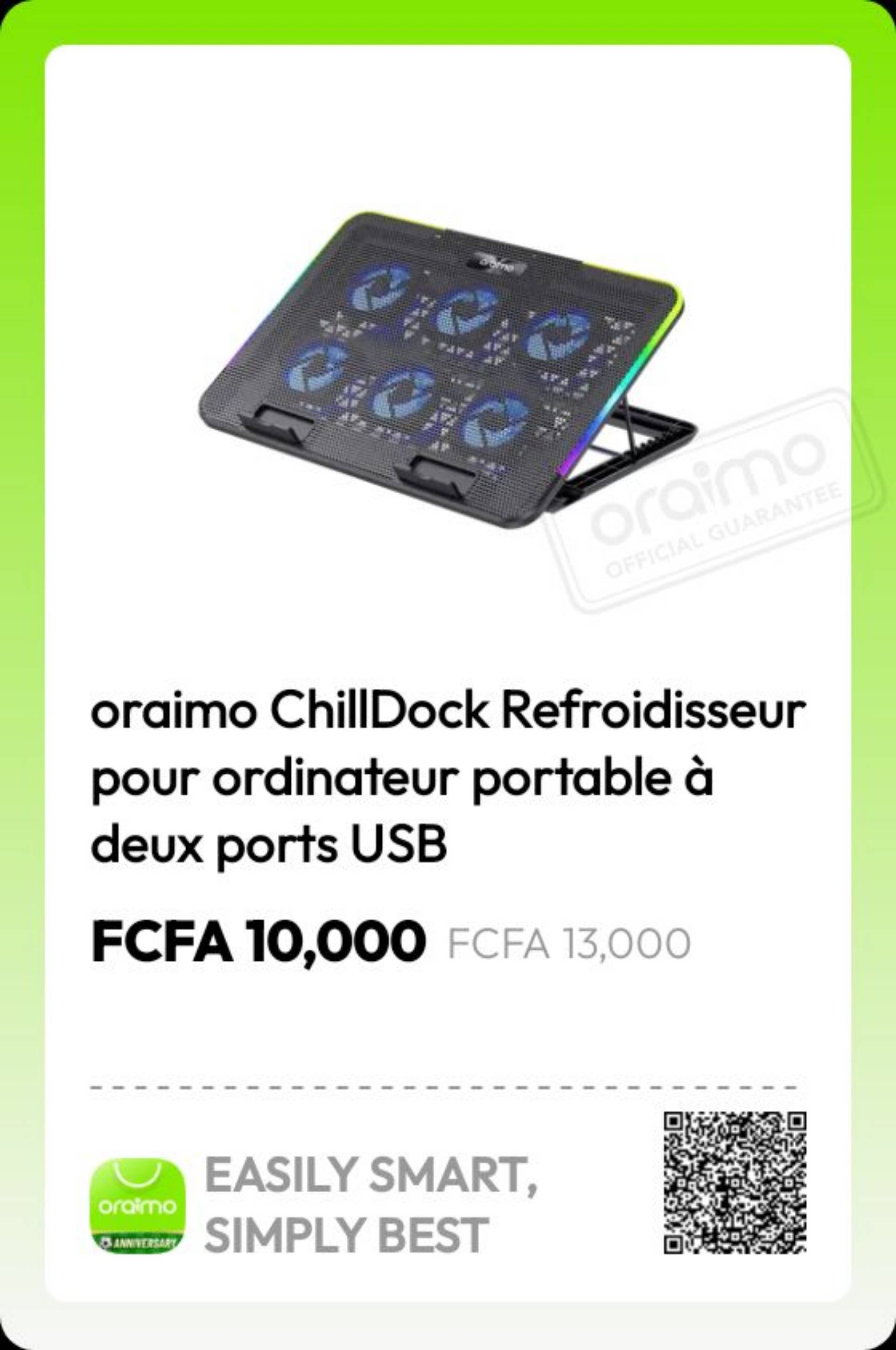 Oraimo Chilldock Refroidsseur pour ordinateur portable a deux ports USB_0
