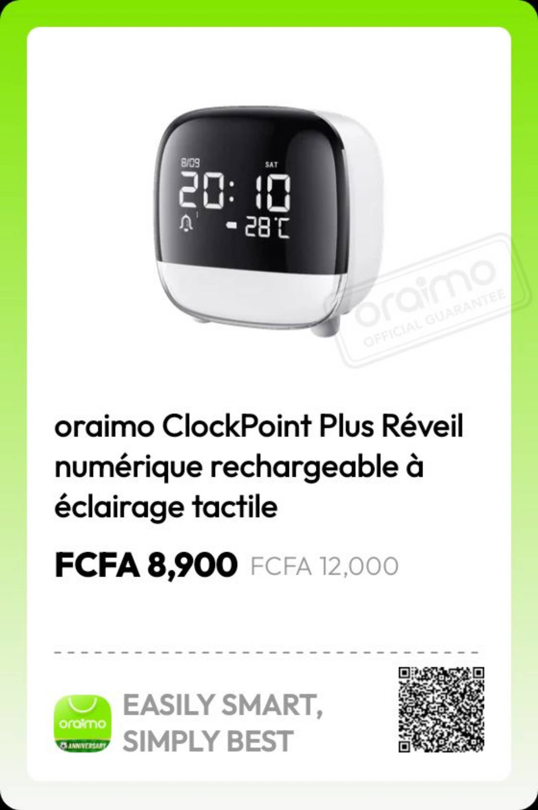 Oraimo Clockpoint plus Réveil numérique rechargeable a éclairage tactile