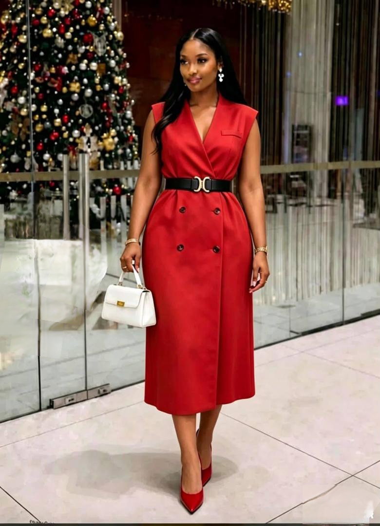 Sleeveless trench-style blazer tuxedo-style midi dress with belt_1
