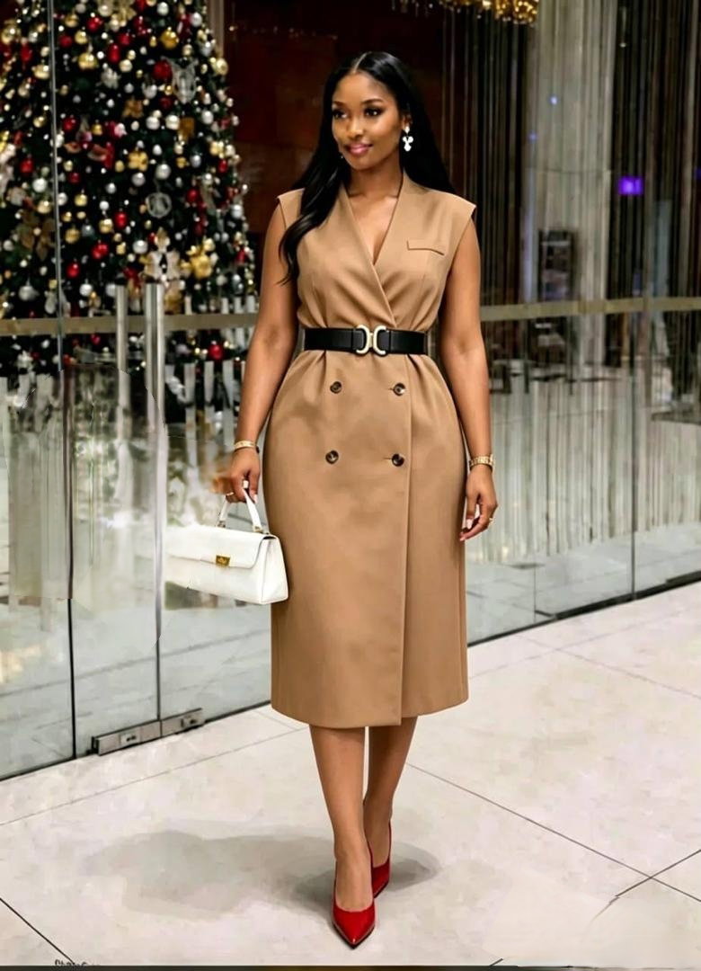 Sleeveless trench-style blazer tuxedo-style midi dress with belt_2