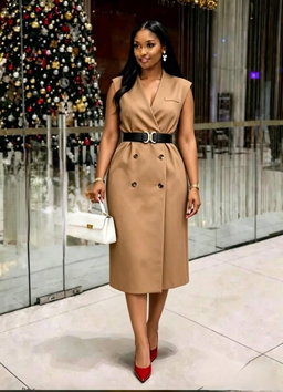Sleeveless trench-style blazer tuxedo-style midi dress with belt
