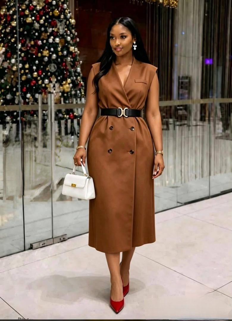 Sleeveless trench-style blazer tuxedo-style midi dress with belt_3