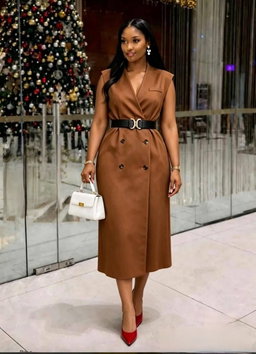 Sleeveless trench-style blazer tuxedo-style midi dress with belt