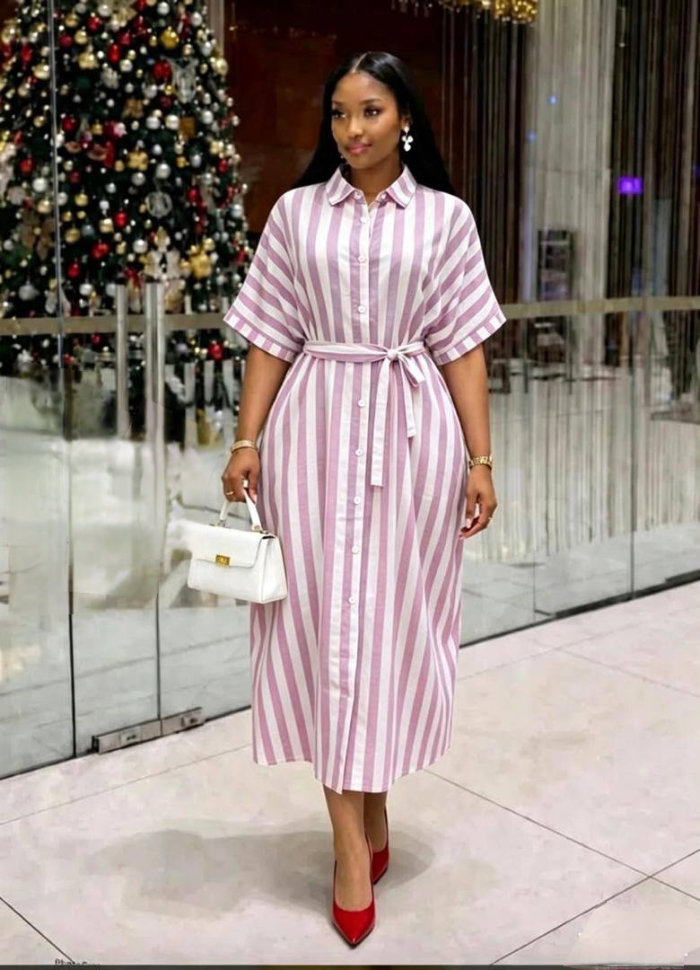 Elegant, midi-length dress classic vertical striped pattern_2
