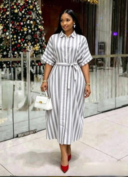 Elegant, midi-length dress classic vertical striped pattern