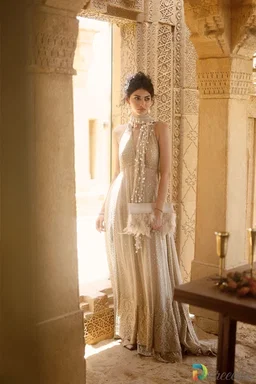 Beige Crinkle Chiffon Lehenga Set Silk Couture