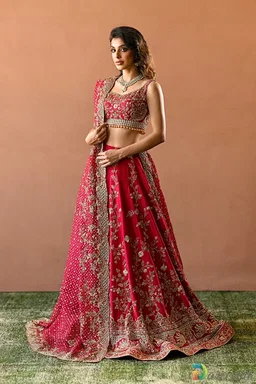 Candy Red Raw Silk Bridal Lehenga for Wedding Wear