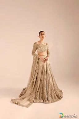 Champagne Kundan Bridal Lehenga with Trailing Lehenga