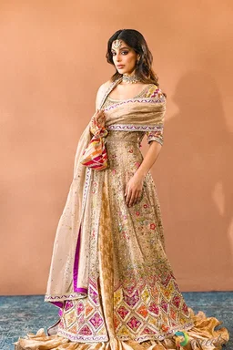Copper Tissue Bridal Peshwas with Ruffled Tissue Brocade Lehenga