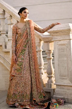Coral Tulle Bridal Peshwas with Jamawar Shawl