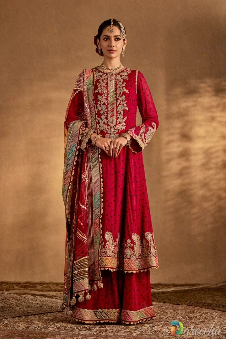 Earthy Maroon Embroidered Sharara Suit | Silk Kurta Set