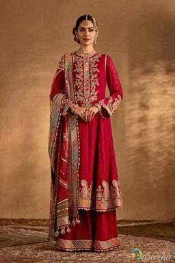 Earthy Maroon Embroidered Sharara Suit | Silk Kurta Set