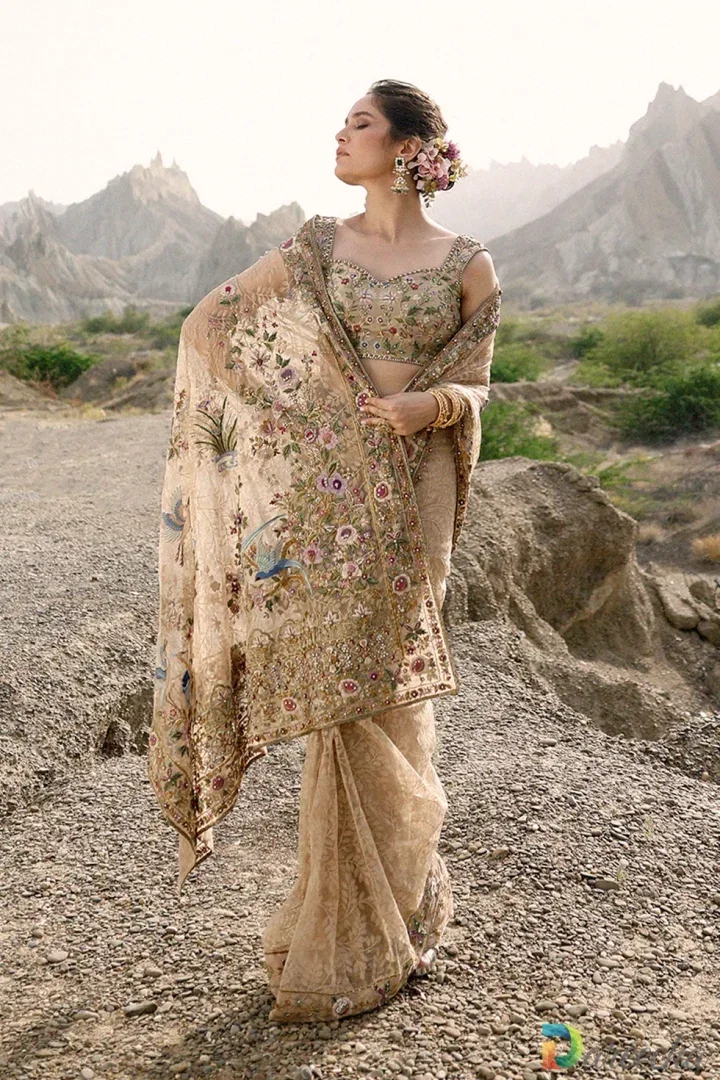 Ethereal Dusty Gold Tulle Saree for Wedding Celebrations_0