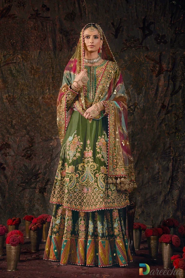 Forest Green Silk Sharara Set with Peacock Motifs and Dushala