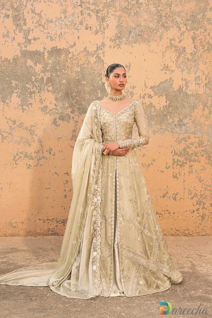 Front Open Gown With Lehenga in Olive Green Masuri_0