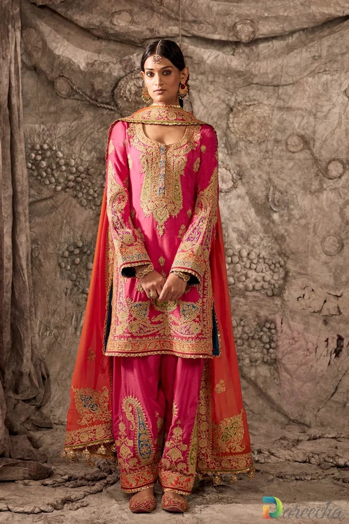 Fuchsia Embroidered Salwar Kameez with Organza Dupatta
