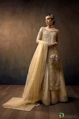 Gold Organza Bridal Sharara Set with Front-Open Shirt