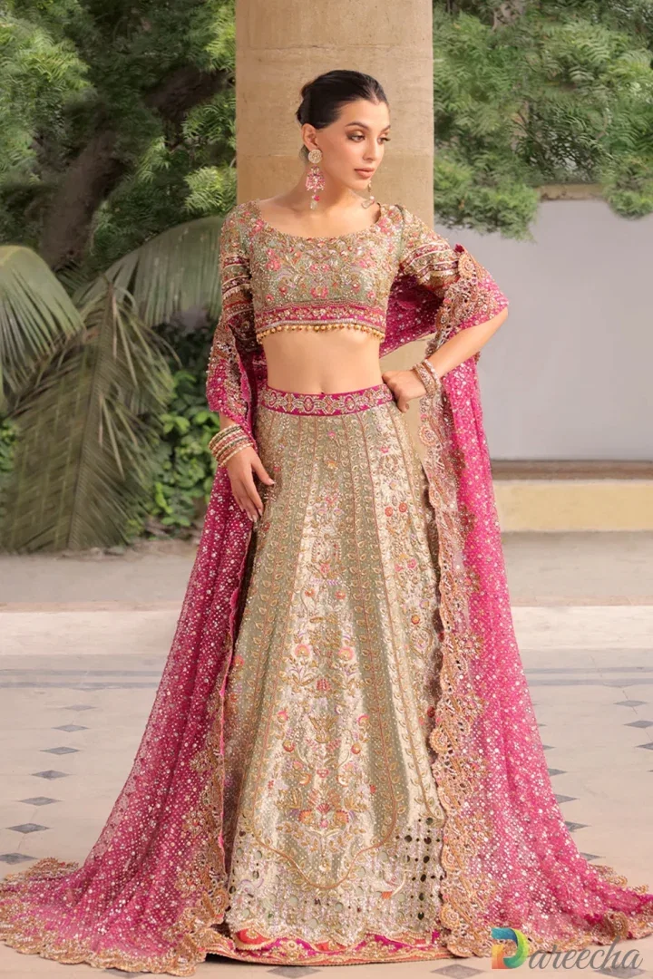 Hand-Embroidered Mulberry and Celadon Tissue Bridal Lehenga