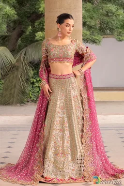 Hand-Embroidered Mulberry and Celadon Tissue Bridal Lehenga