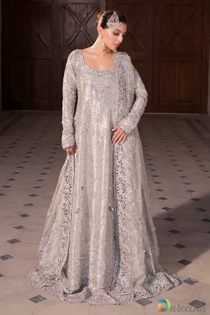 Hand-Embroidered Tissue & Brocade Platinum Bridal Peshwas Lehenga_0