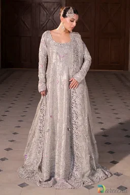 Hand-Embroidered Tissue & Brocade Platinum Bridal Peshwas Lehenga