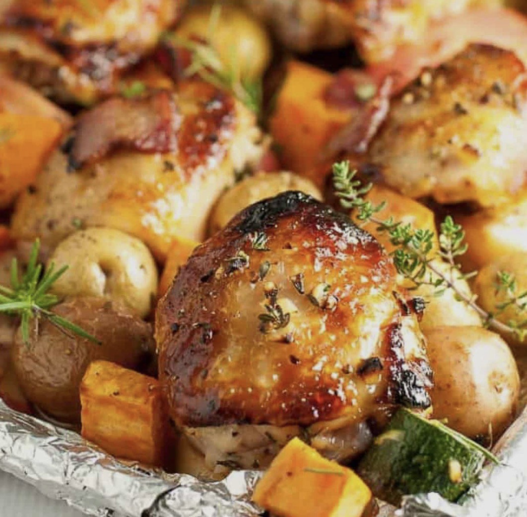 Oven Baked Chicken Pieces with Toasted Veggies