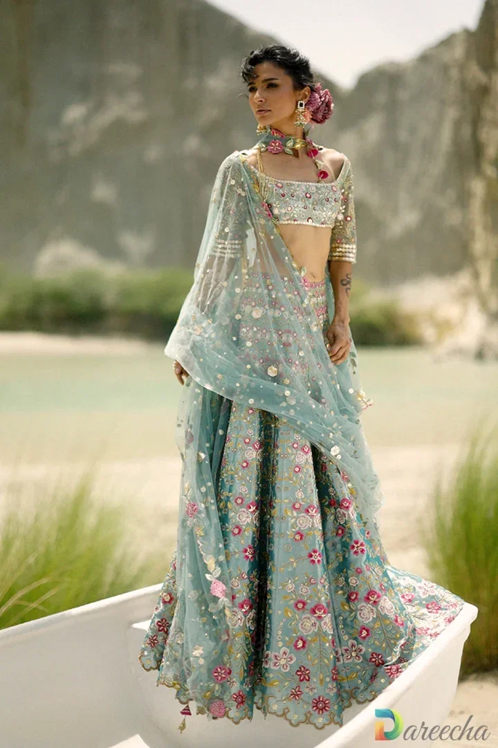 Ice Blue Tissue Lehenga Floral Embroidered Set