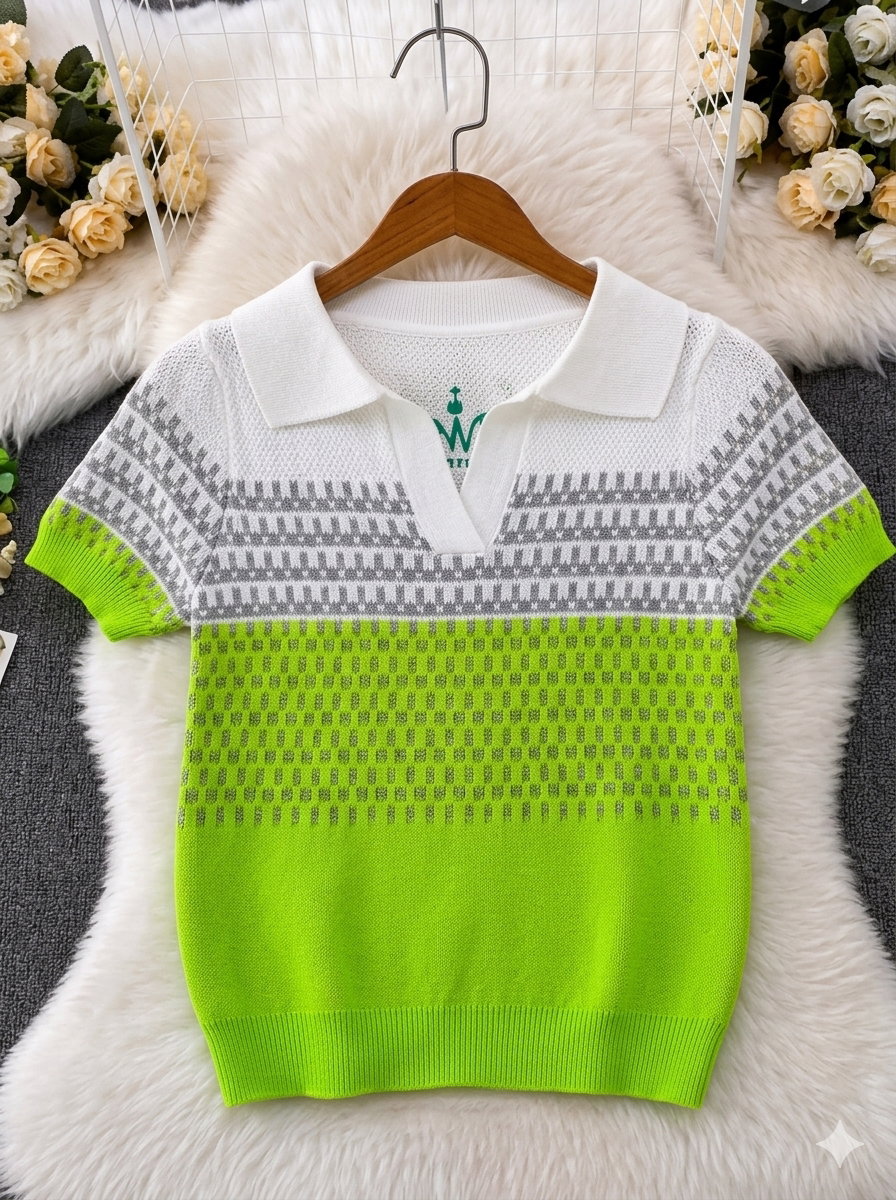 Short-sleeved, fine-knit polo color-blocked, textured knit_2