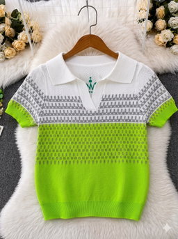 Short-sleeved, fine-knit polo color-blocked, textured knit
