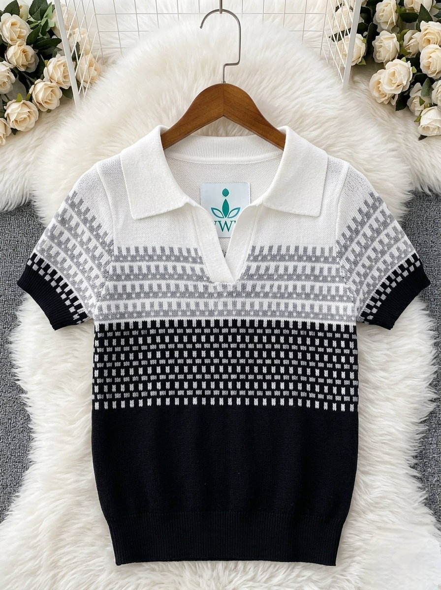Short-sleeved, fine-knit polo color-blocked, textured knit_3