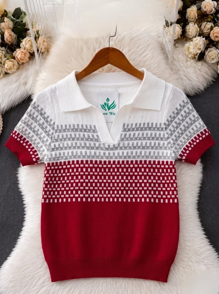 Short-sleeved, fine-knit polo color-blocked, textured knit_4