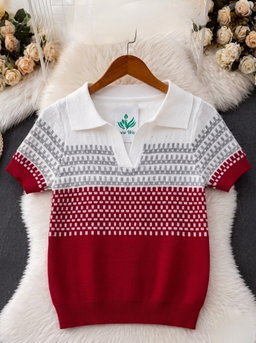 Short-sleeved, fine-knit polo color-blocked, textured knit