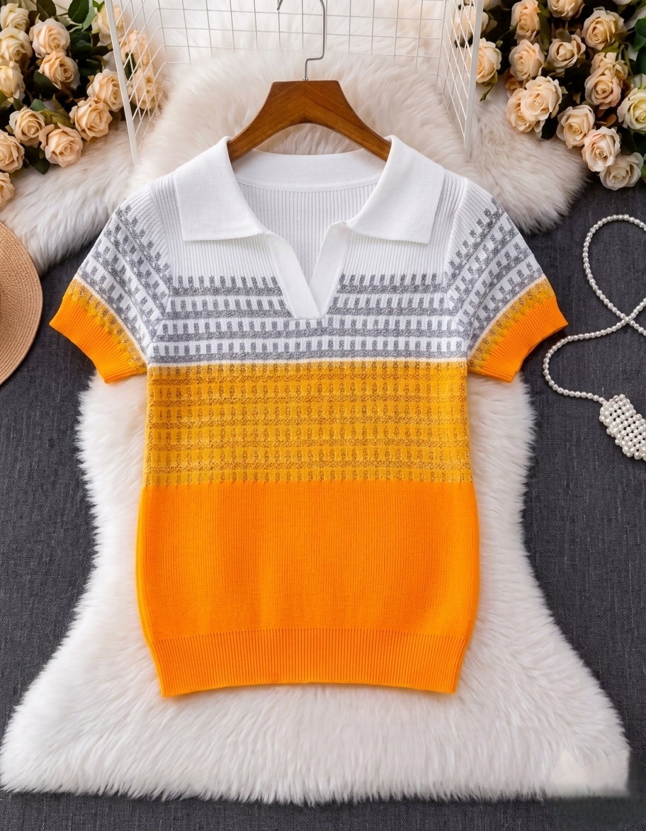Short-sleeved, fine-knit polo color-blocked, textured knit_5