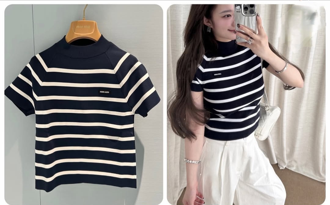 Short-sleeve knit top, mock-neck sweater_0