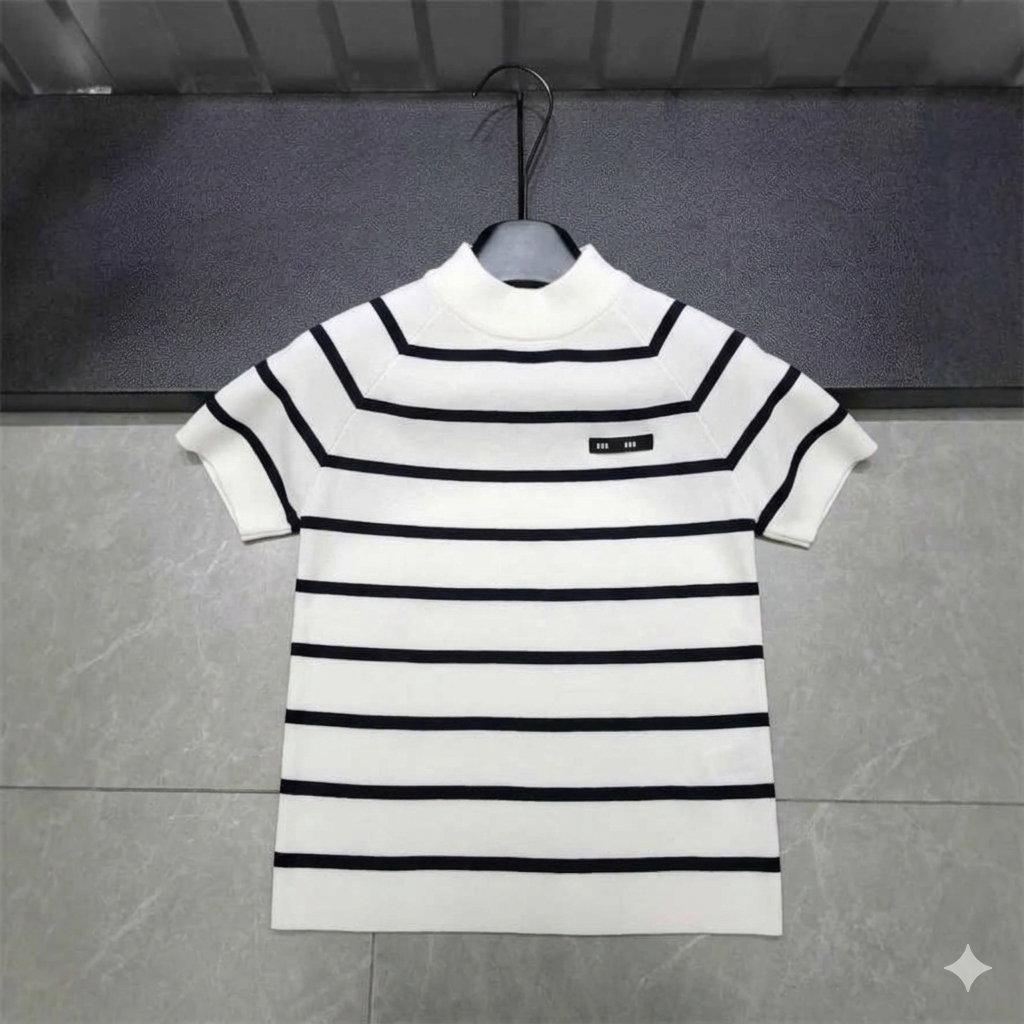 Short-sleeve knit top, mock-neck sweater_5
