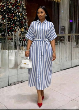 Elegant, midi-length dress classic vertical striped pattern