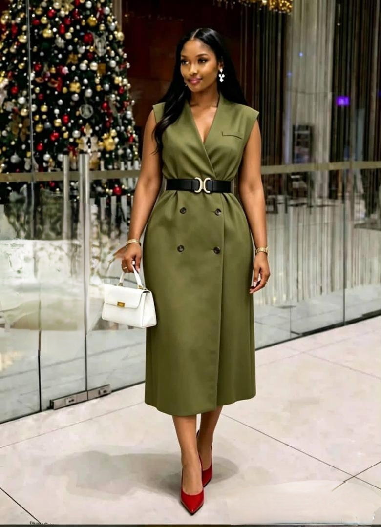 Sleeveless trench-style blazer tuxedo-style midi dress with belt