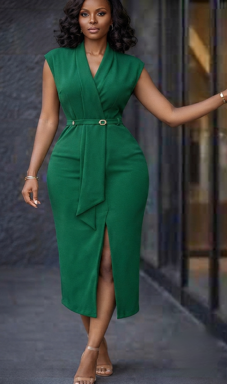 Elegant, sleeveless midi dress with a tailored, sophisticated silhouette._0