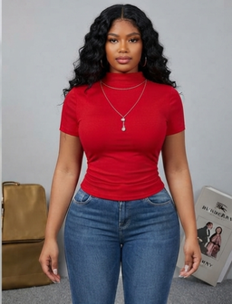  Short sleeve high mock neck turtle-style collar with chain