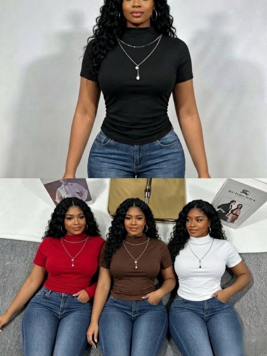  Short sleeve high mock neck turtle-style collar with chain_0