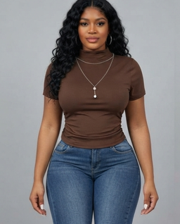  Short sleeve high mock neck turtle-style collar with chain