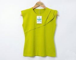 Women's black sleeveless top featuring an asymmetrical, layered design across the chest