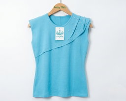Women's black sleeveless top featuring an asymmetrical, layered design across the chest