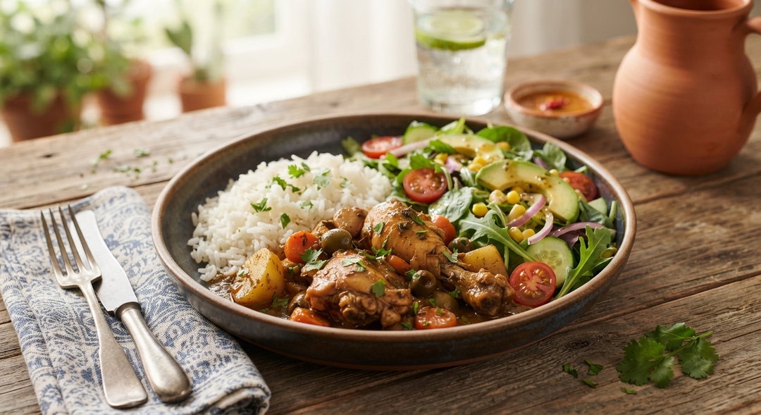 Arroz Blanco, Pollo Guisado y Ensalada Verde
