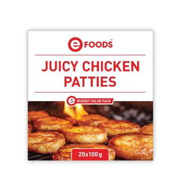 CHICKEN PATTIES JUICY VALUE EFOODS 20 X 100G Code: EFJCHIC <<< Econo Foods >>>