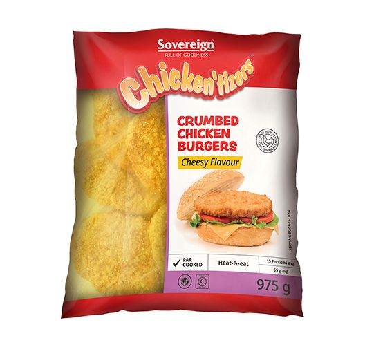 SOVEREIGN STYLE CRUMBED CHEESY CHICKEN BURGER 975G <<< Econo Foods >>>
