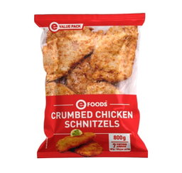 CHICKEN SCHNITZELS CRUMBED EFOODS 800G Code: BUDSHU <<< Econo Foods >>>